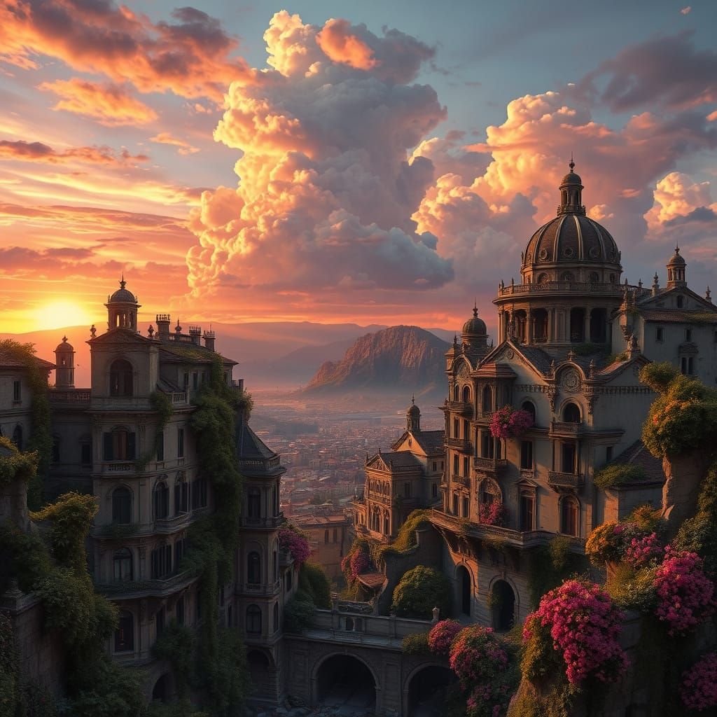 Baroque Italian Cityscape at Sunset