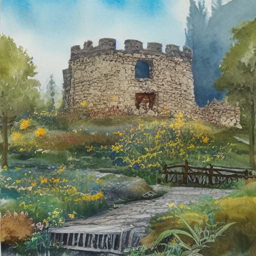 Whimsical Watercolor Castle in Ruins