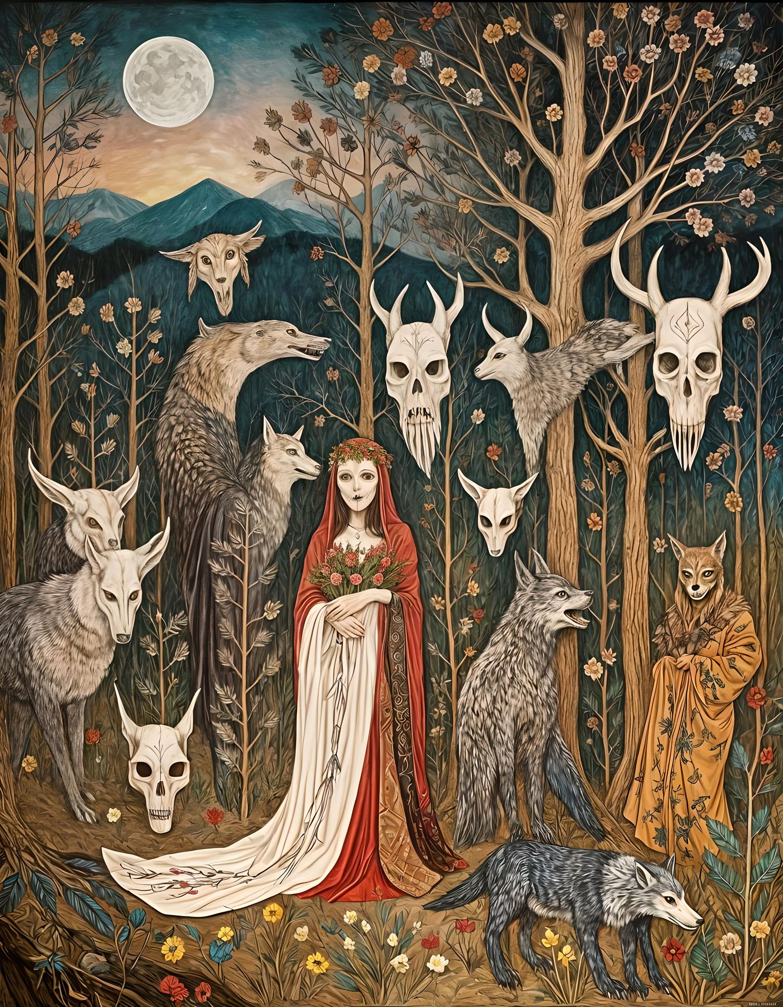 Pagan Ceremony with Wolf Skull Masks by Bonfire