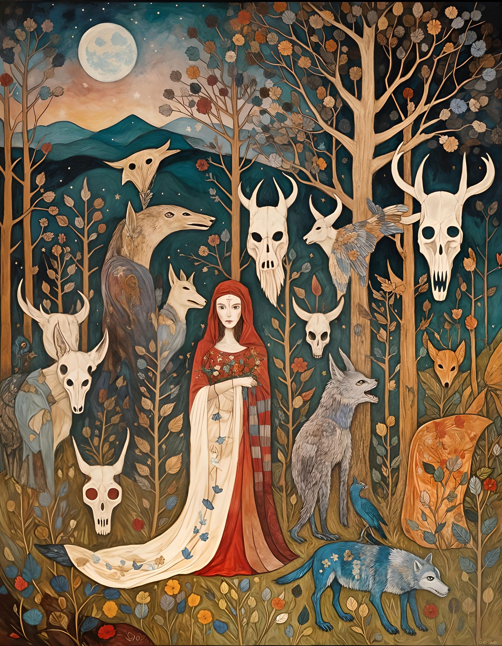 Pagan Ceremony with Wolf Skull Masks by Bonfire