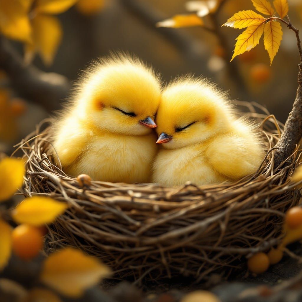 Fluffy Yellow Baby Birds in Cozy Autumn Nest