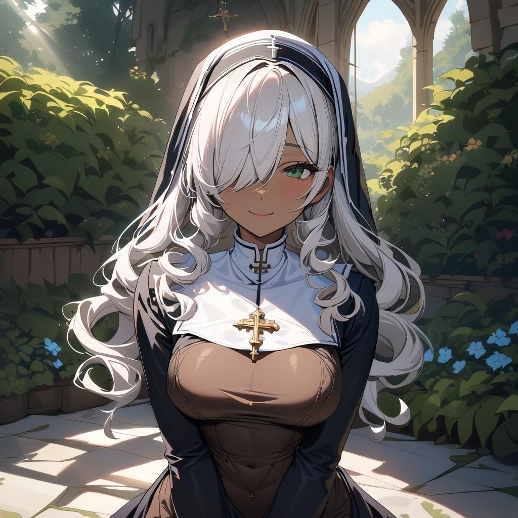 Beautiful Nun with White Hair in Garden
