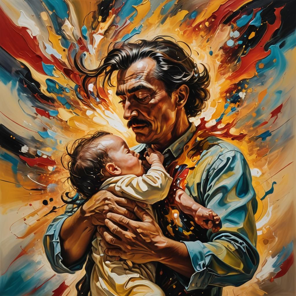 Man's Chest Explodes Holding Newborn: Surreal Oil Painting