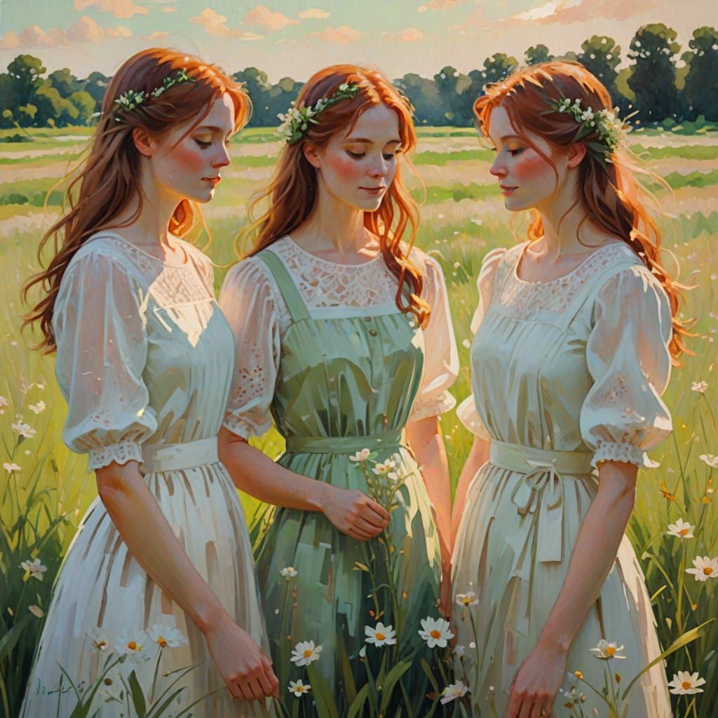 Impressionist Painting of Girls in a Flower Field