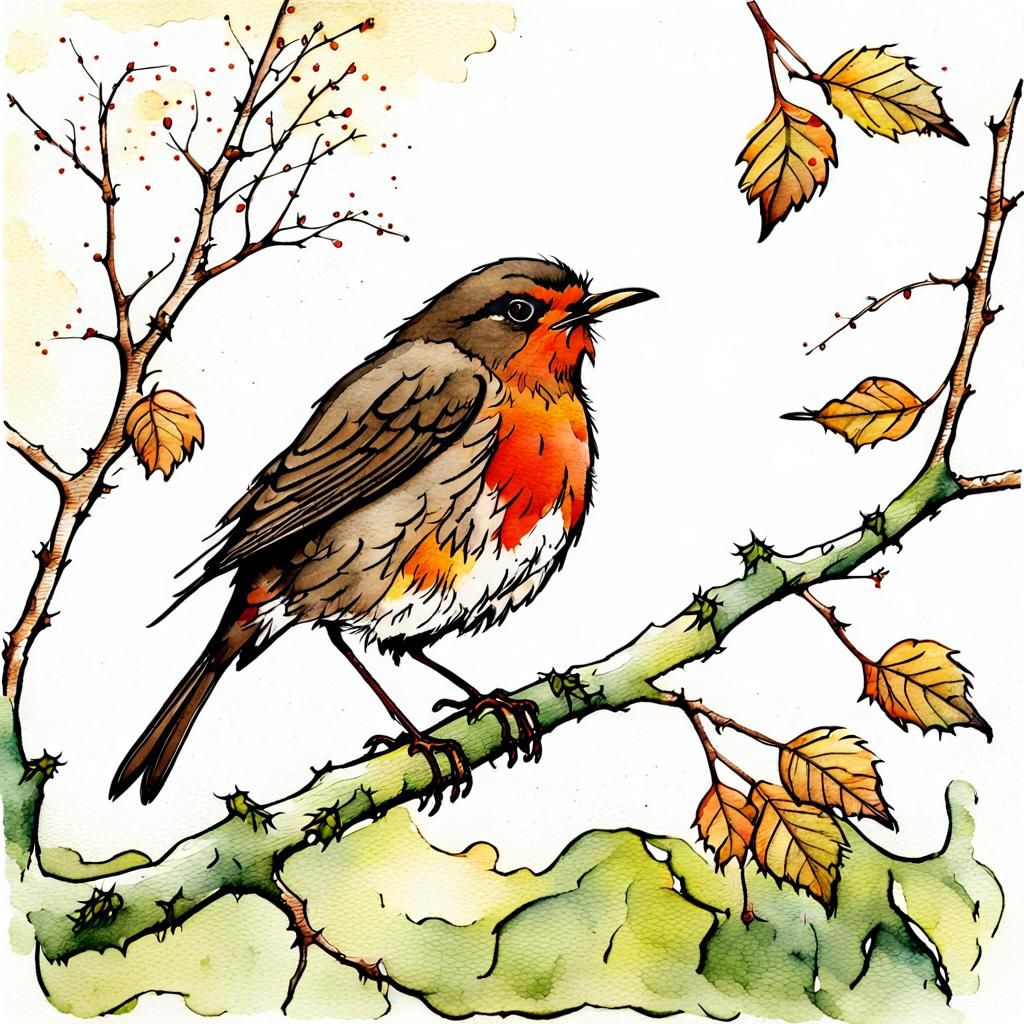 English Robin on Birch Branch, Watercolour Illustration