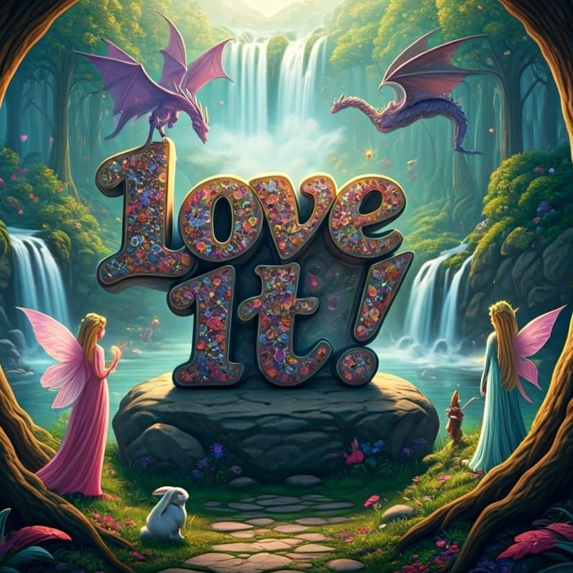 In a vibrant 3D render, the large brightly colored  word "Love It!" in thick, fancy, ornate curly medieval fantasy scrip...