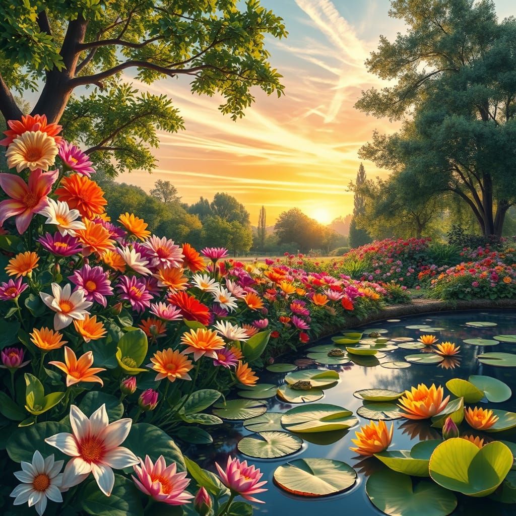 Lush Garden with Colorful Flowers in Tonalist Style