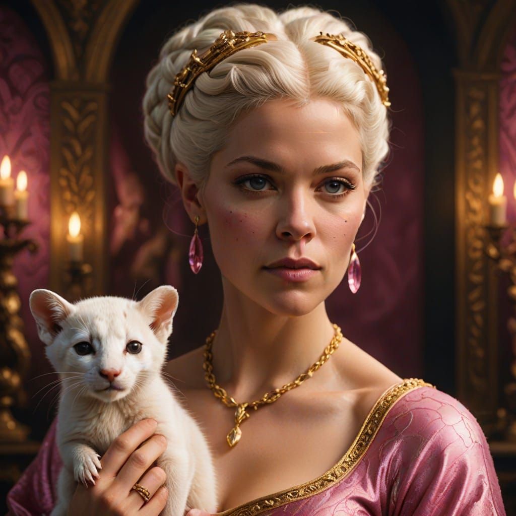 Dramatic Portrait of Pink Holding an Ermine in Golden Lighti...