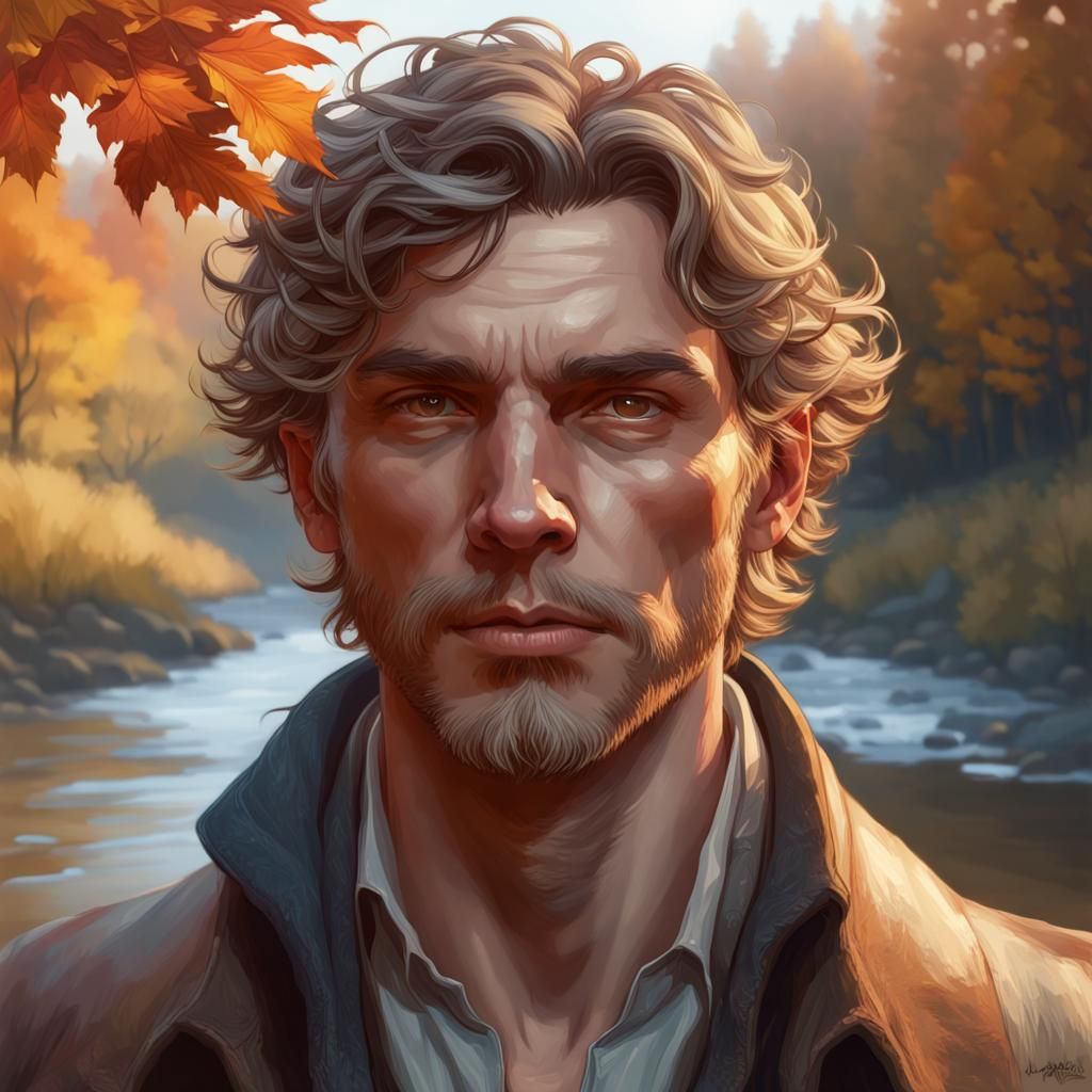 Autumn Man by River: Detailed Portrait Art