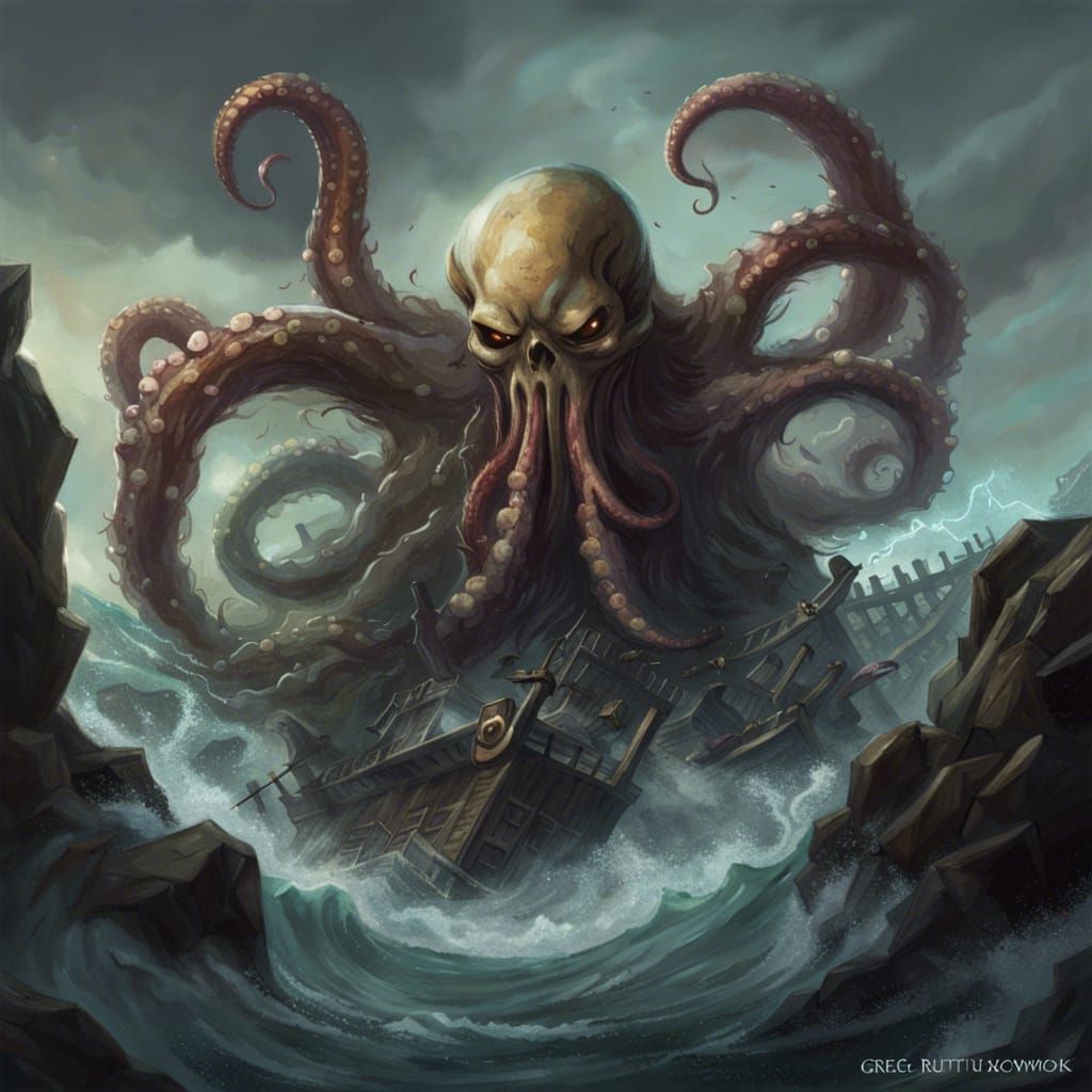 Menacing Kraken Destroying Ship, Sinister Fantasy Art