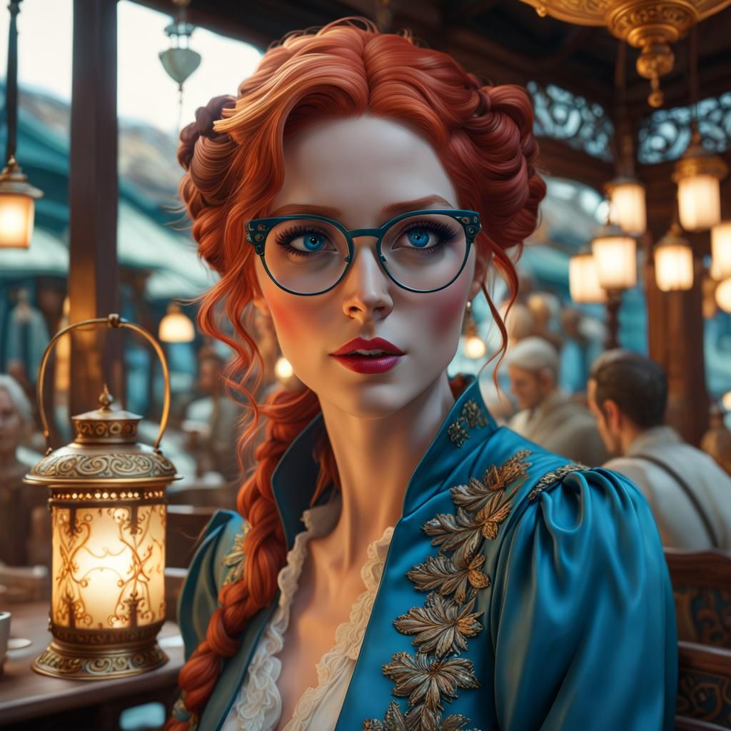 Red-Haired Woman in Cafe, Rococo Art Style