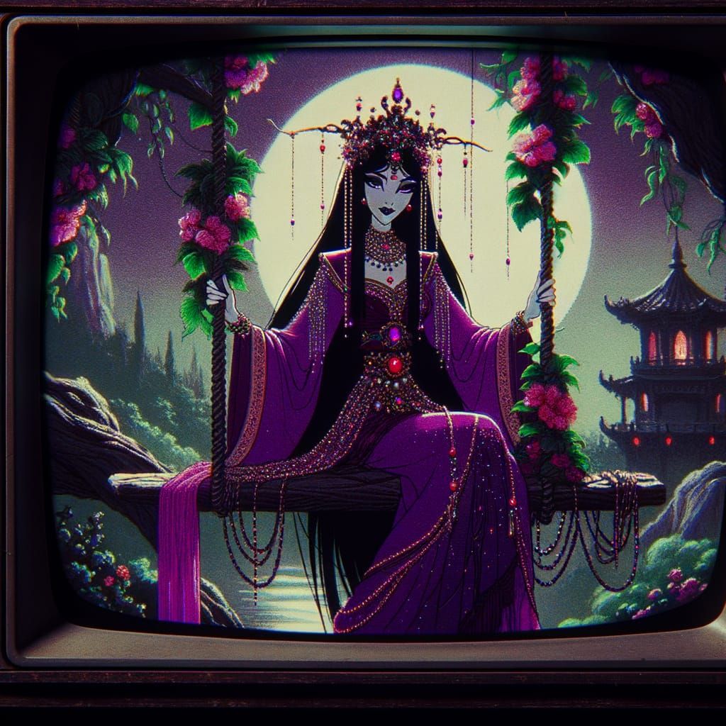 Sorceress on Silk Swing in Moonlit Garden