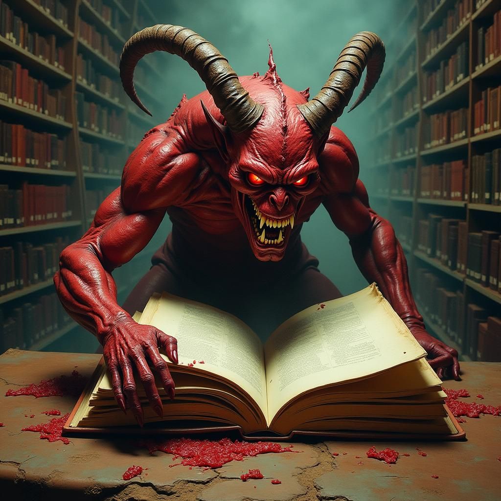 Grotesque Demon Emerges from Book in Library