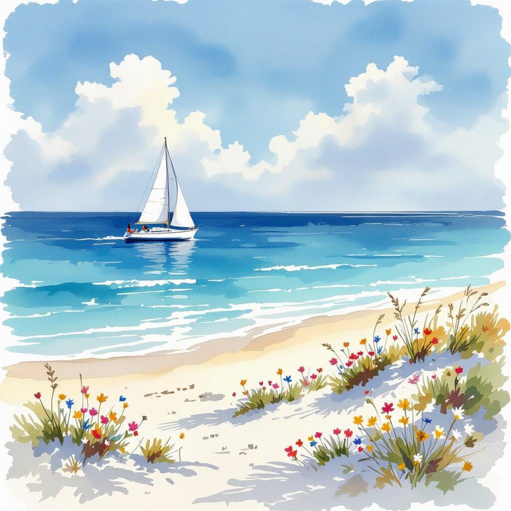 Sailboat on Horizon in Watercolor Painting