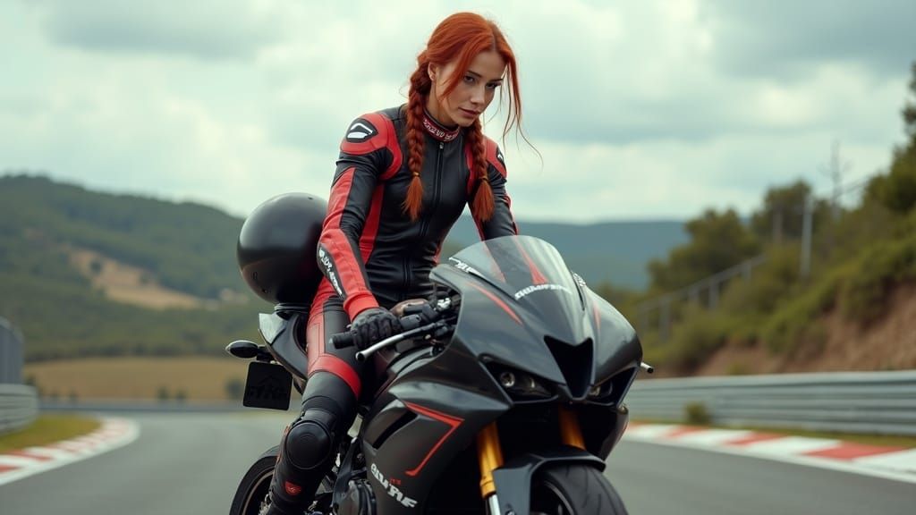 Woman in Racing Suit Prepares Motorcycle at Racetrack