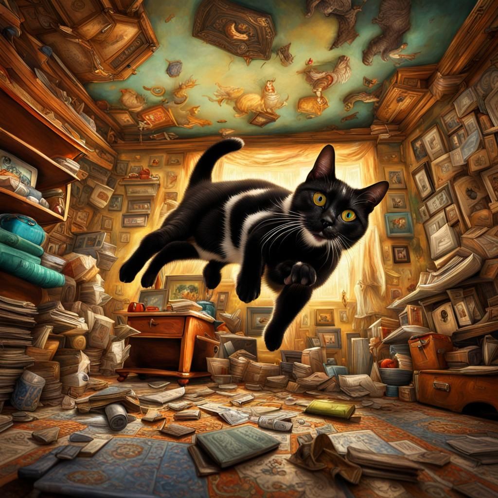 Humorous Upside Down Room Scene with Ceiling Cat