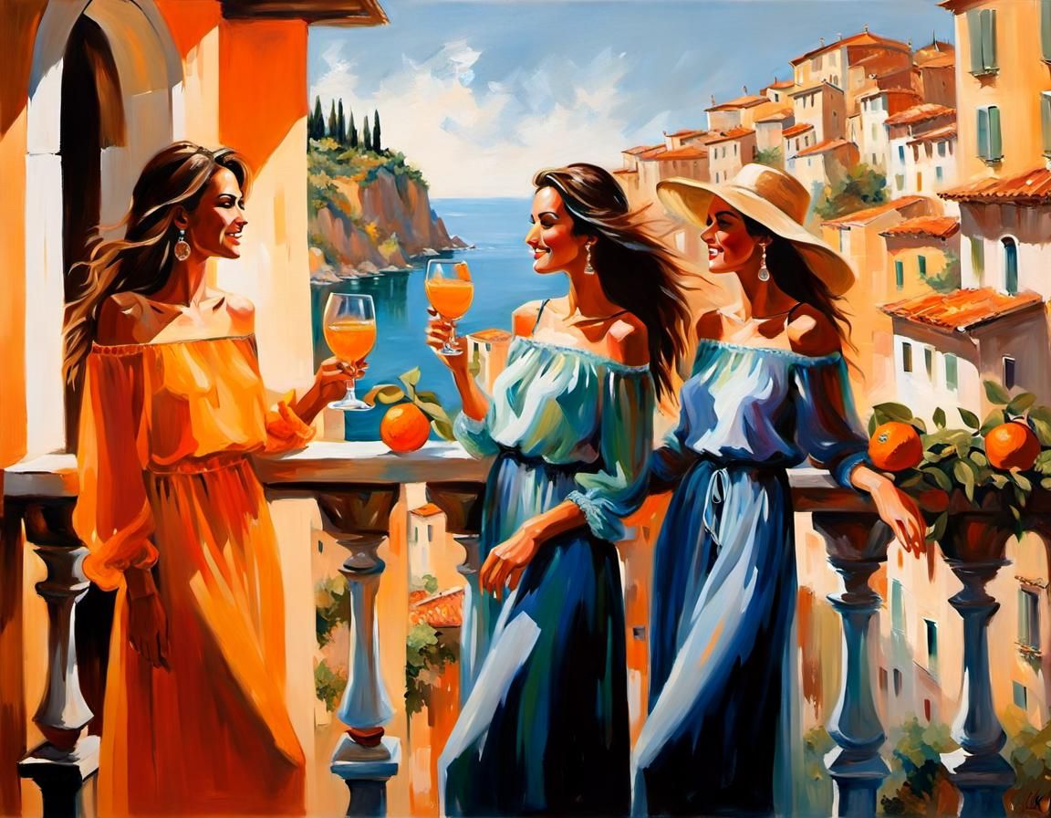 Happy Women on Balcony in Romantic Realism Style
