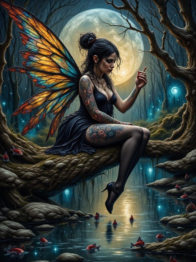 Goth Fairy with Stained Glass Wings Over Moonlight Pond