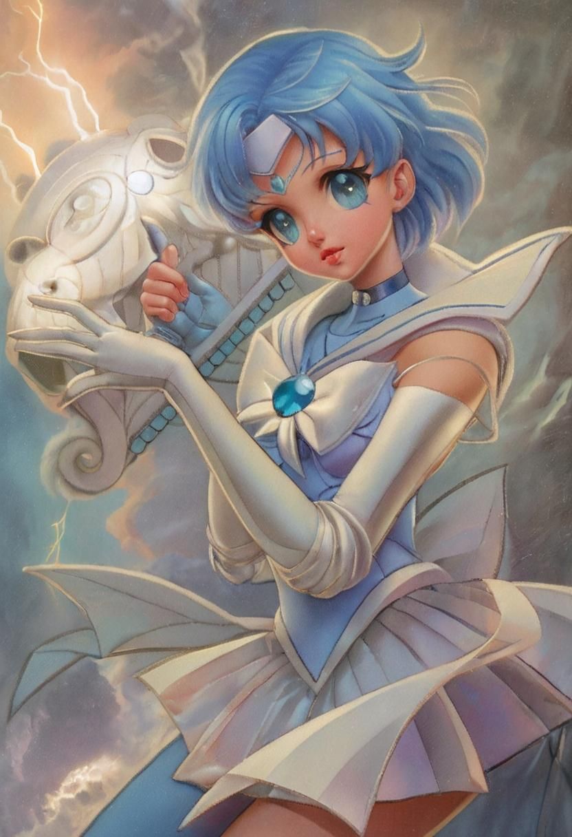 Q 💙,👾 Iridescent, Sailor Mercury, Oil Painting, Hyperdetailed, artgerm, boris vallejo, lightning, beautiful