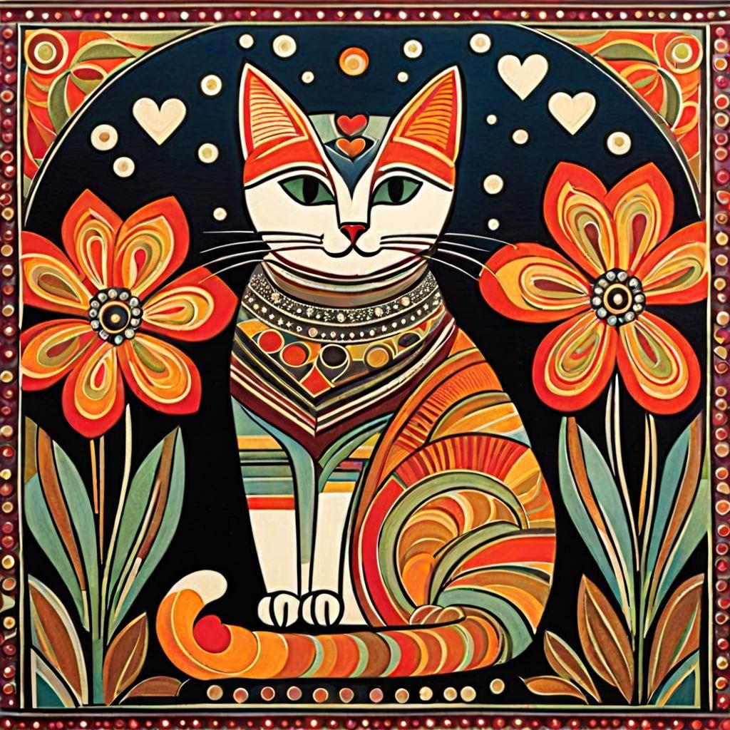 Cat on Pillow with Flowers in Folk Art Style