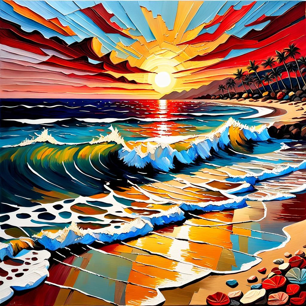 Sunset Beach Painting with Impasto and Collage Elements