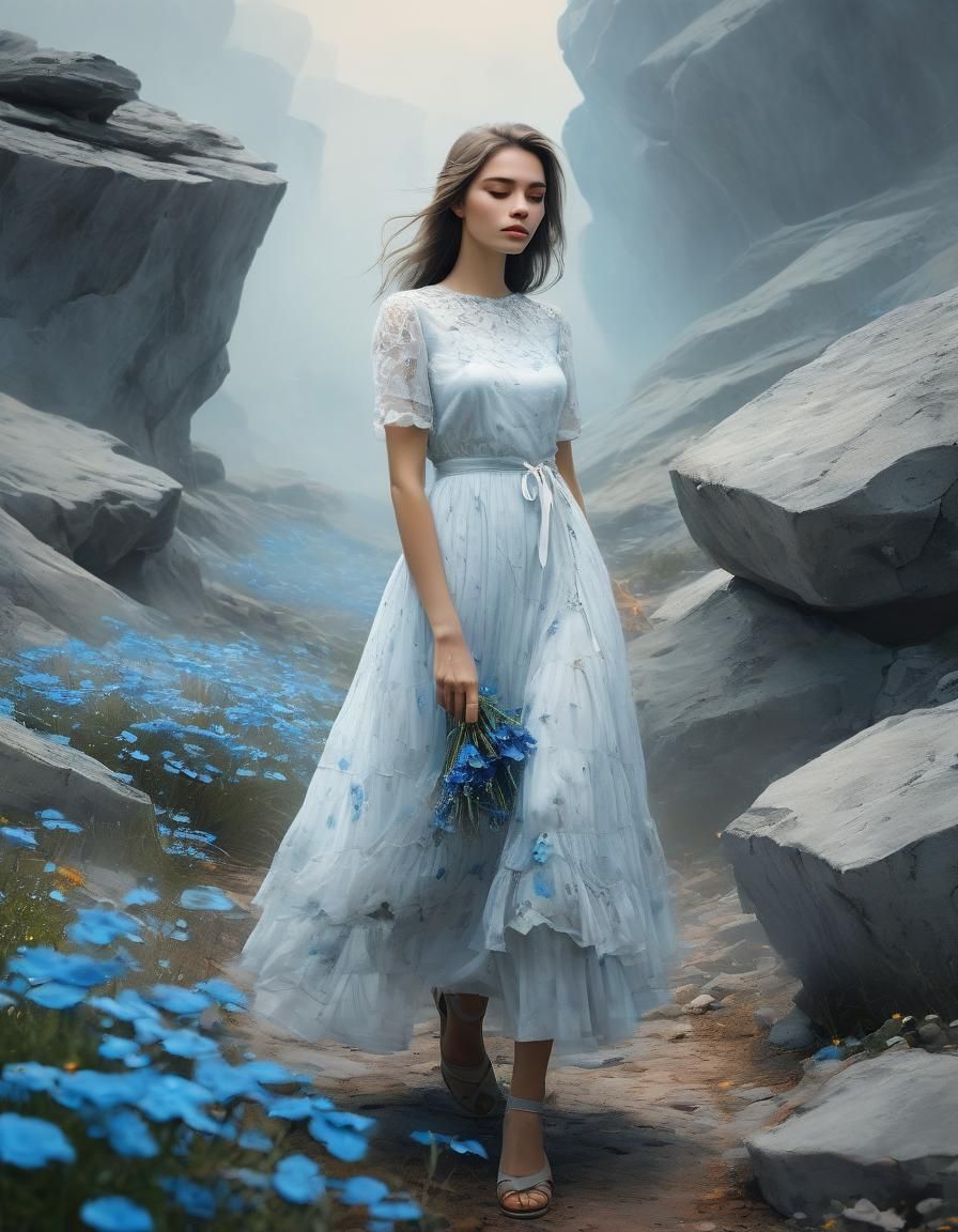 Girl Among Rocks and Flowers, Hyperdetailed Painting