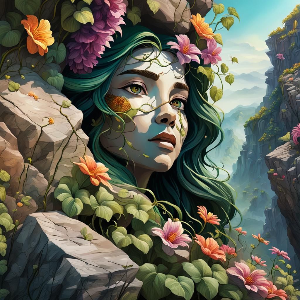 Hyperrealistic Vine and Flowers on Rocky Cliff