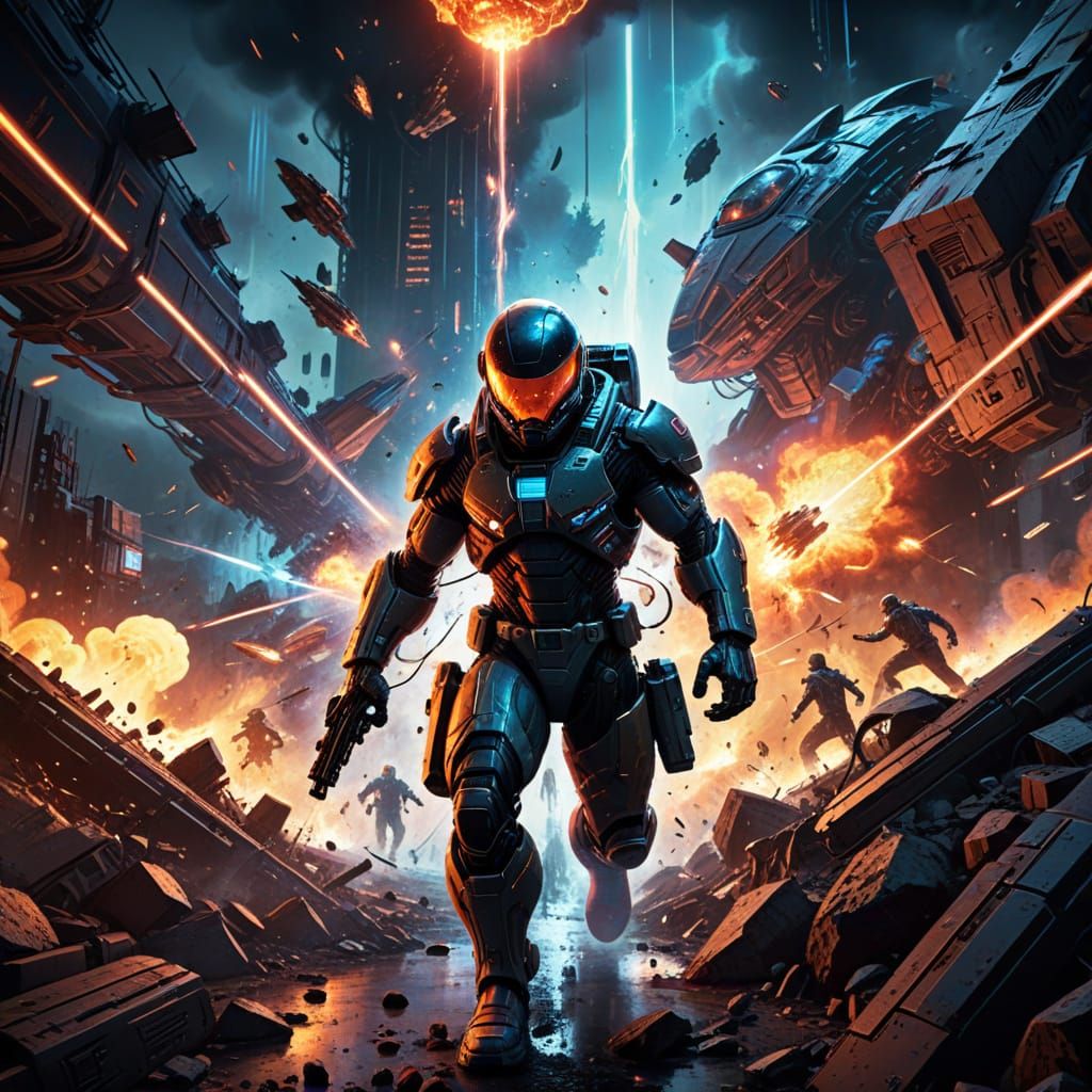 Explosive Battle at the Spaceport in a Vibrant Comic Book St...