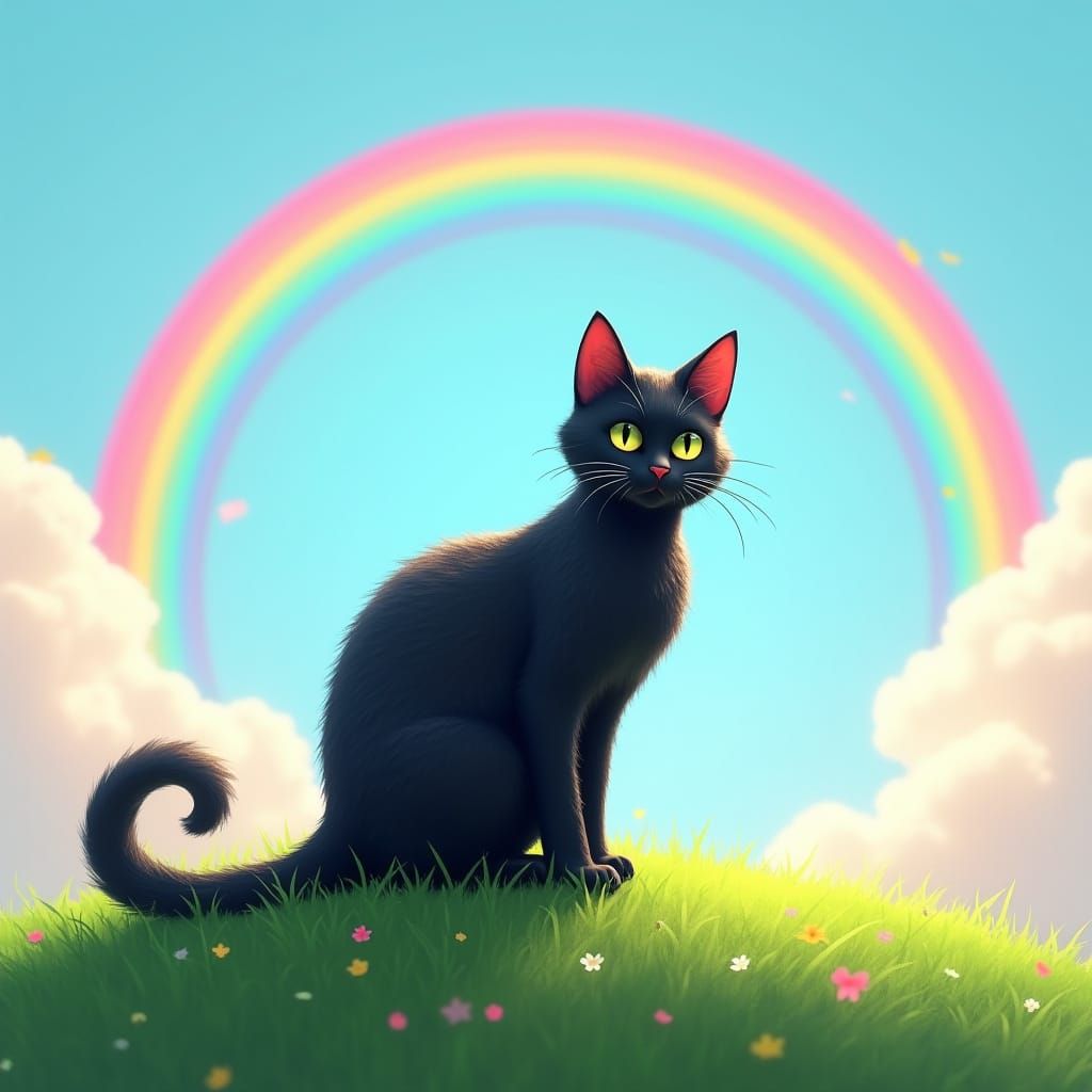Black Cat Sits Under a Vibrant Rainbow on Green Hill