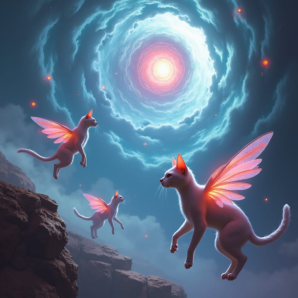 Ethereal Cats Soar Toward Alien Entity