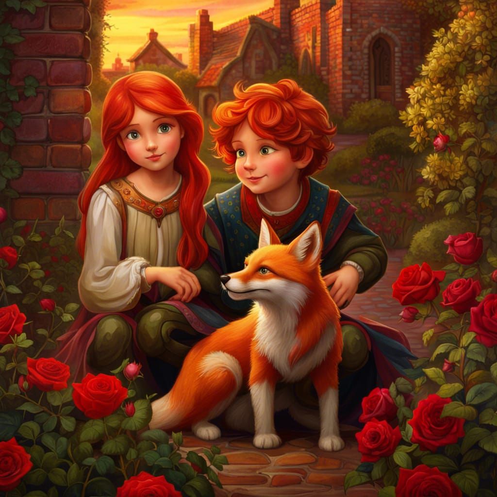 Children with Pet Fox in Pre-Raphaelite Garden