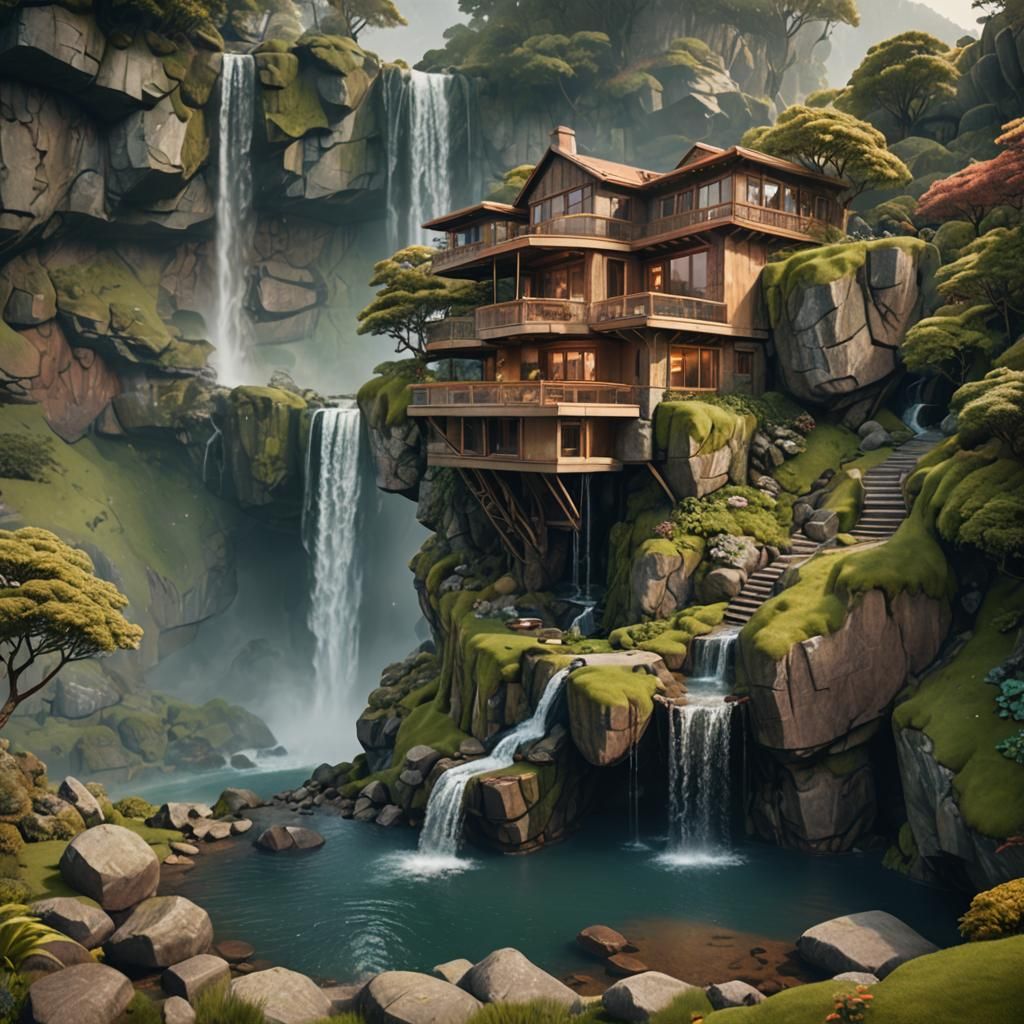 Cliffside House with Waterfall in Surreal Matte Painting