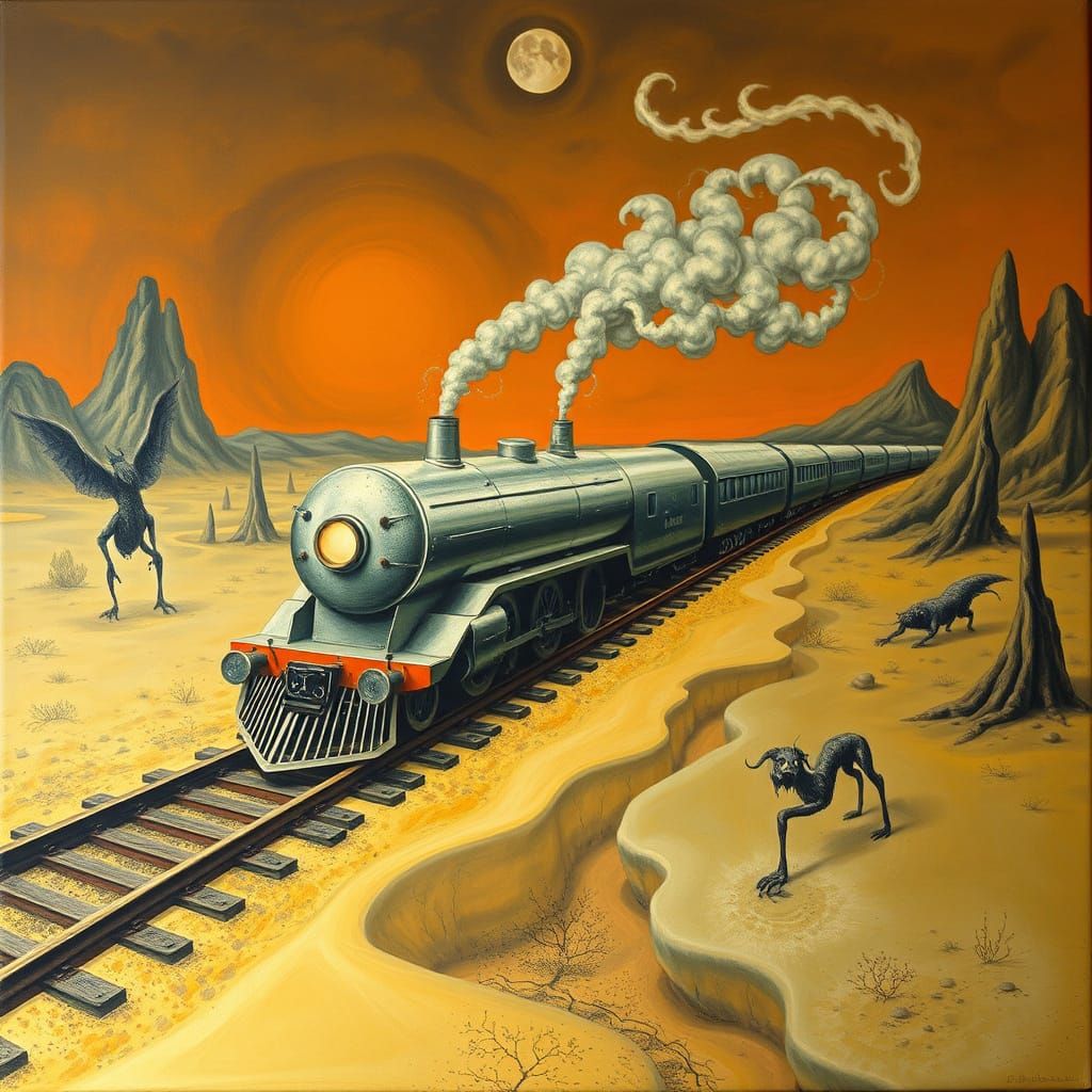 Train in a Surreal Bosch-Dali Landscape with Melting Matte B...
