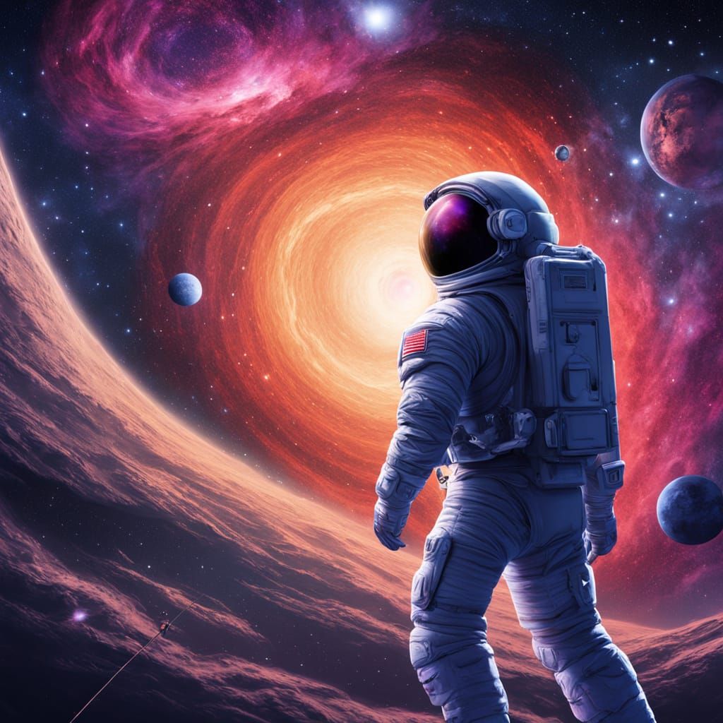 Astronaut Drifting in a Vibrant Cosmic Galaxy