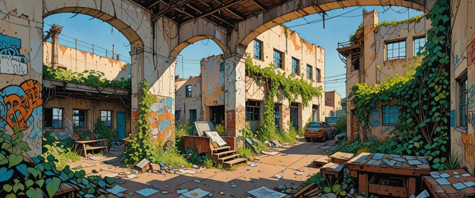 Abandoned Factory in Comic Book Style Watercolor