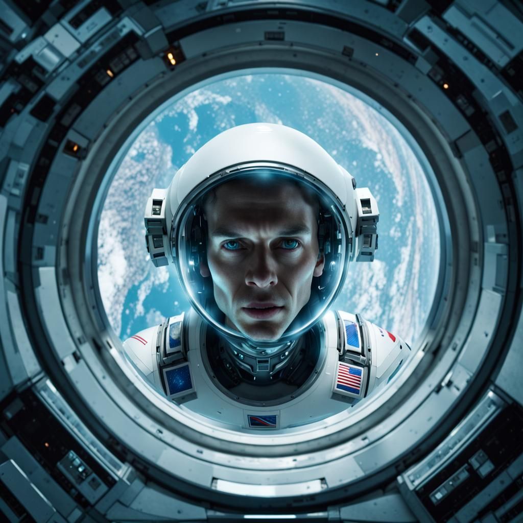 Cyborg Observes Orbiting Planet from Space Station