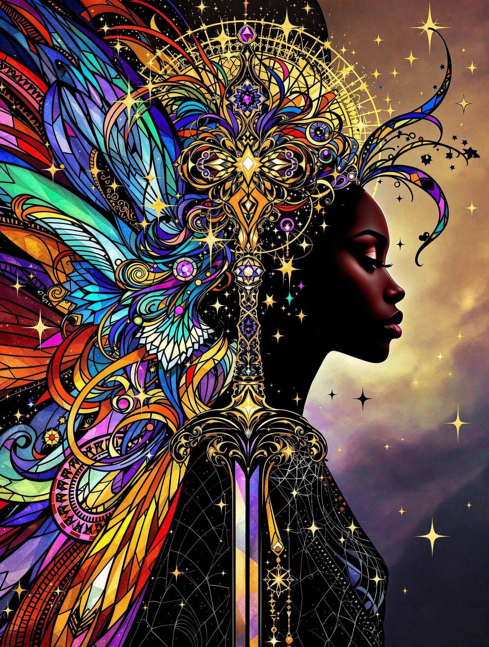 Regal African Diaspora Fairy in Surreal Digital Stained Glas...