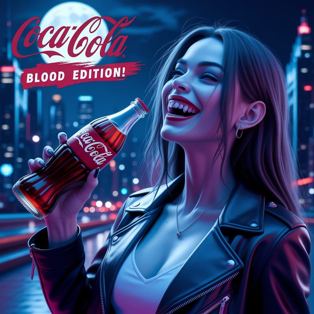 Vampire Model Enjoys Coca-Cola in Futuristic Cityscape