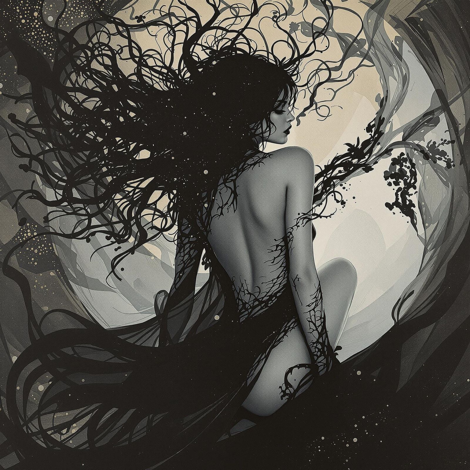 Ethereal Goddess in a Dark, Painterly Realm