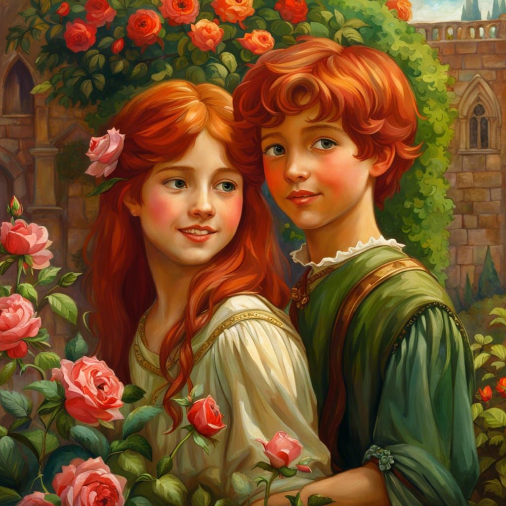 Medieval Children in Rose Garden, Waterhouse Style