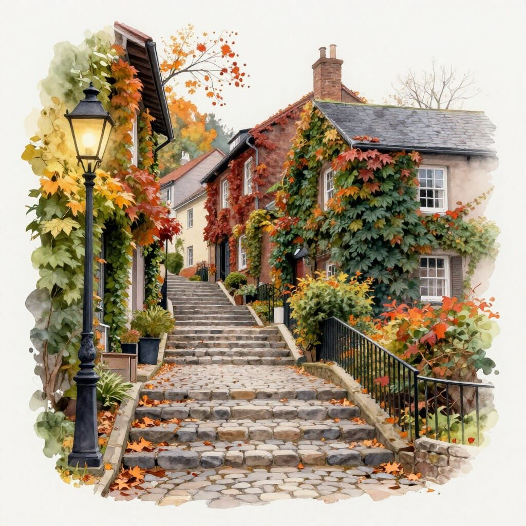 Charming Autumn Cobblestone Staircase Under Vintage Lamps