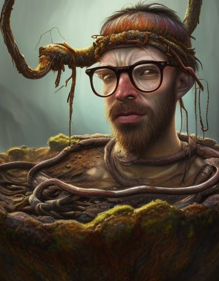 Hipster Bog Man in Peat Bog: Fantasy Art