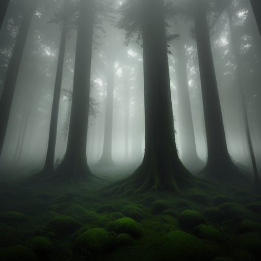 Mystical Forest in Thick Fog with Ethereal Light