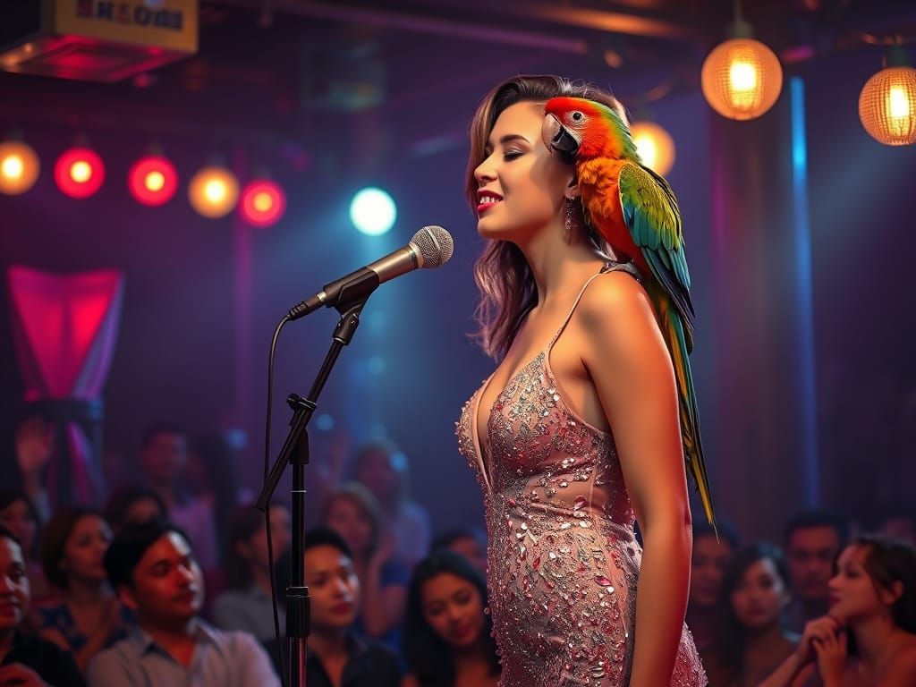 Woman and Parrot Sing Karaoke on Stage