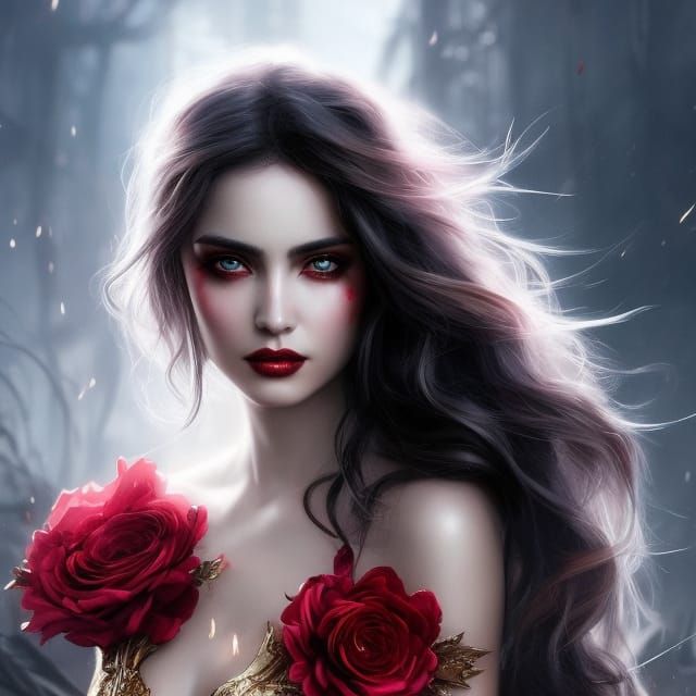 Fallen Angel Portrait with Roses, Watercolor Style