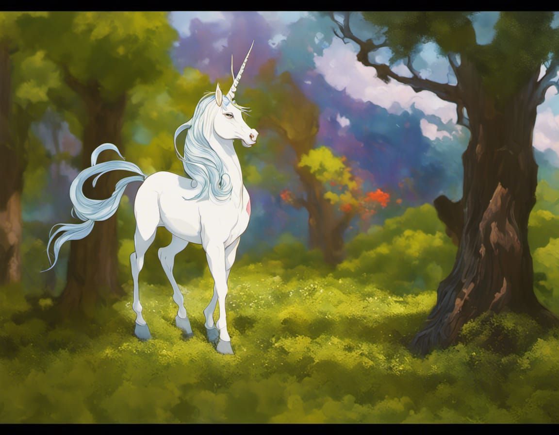 Hyperrealistic Last Unicorn in Colorful Forest