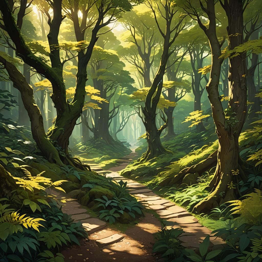Golden Path Through Forest: 3D Anime Art