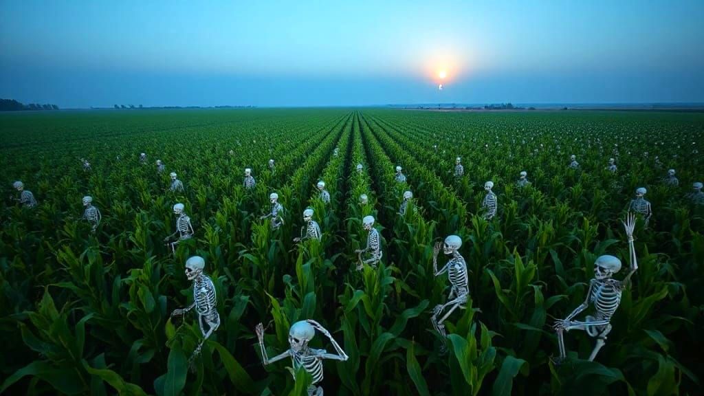 Vast Cornfield Under Moonlight With Skeletons Harvesting