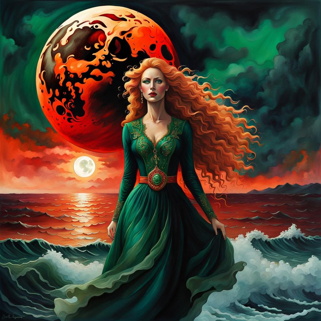 Blood Red Moon and Woman, Watercolor Art