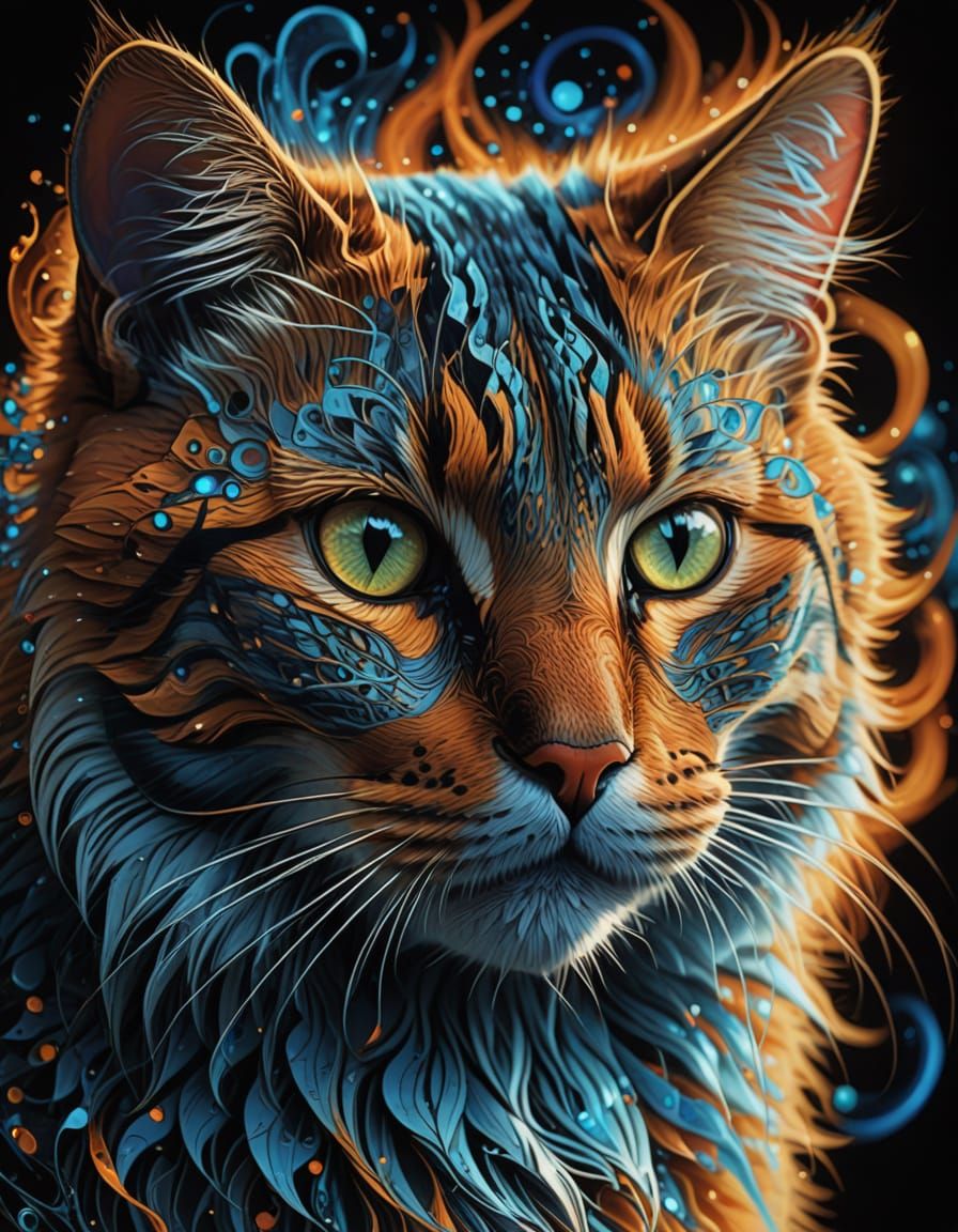 Futuristic Orange and Blue Cat with Radiating Fractals